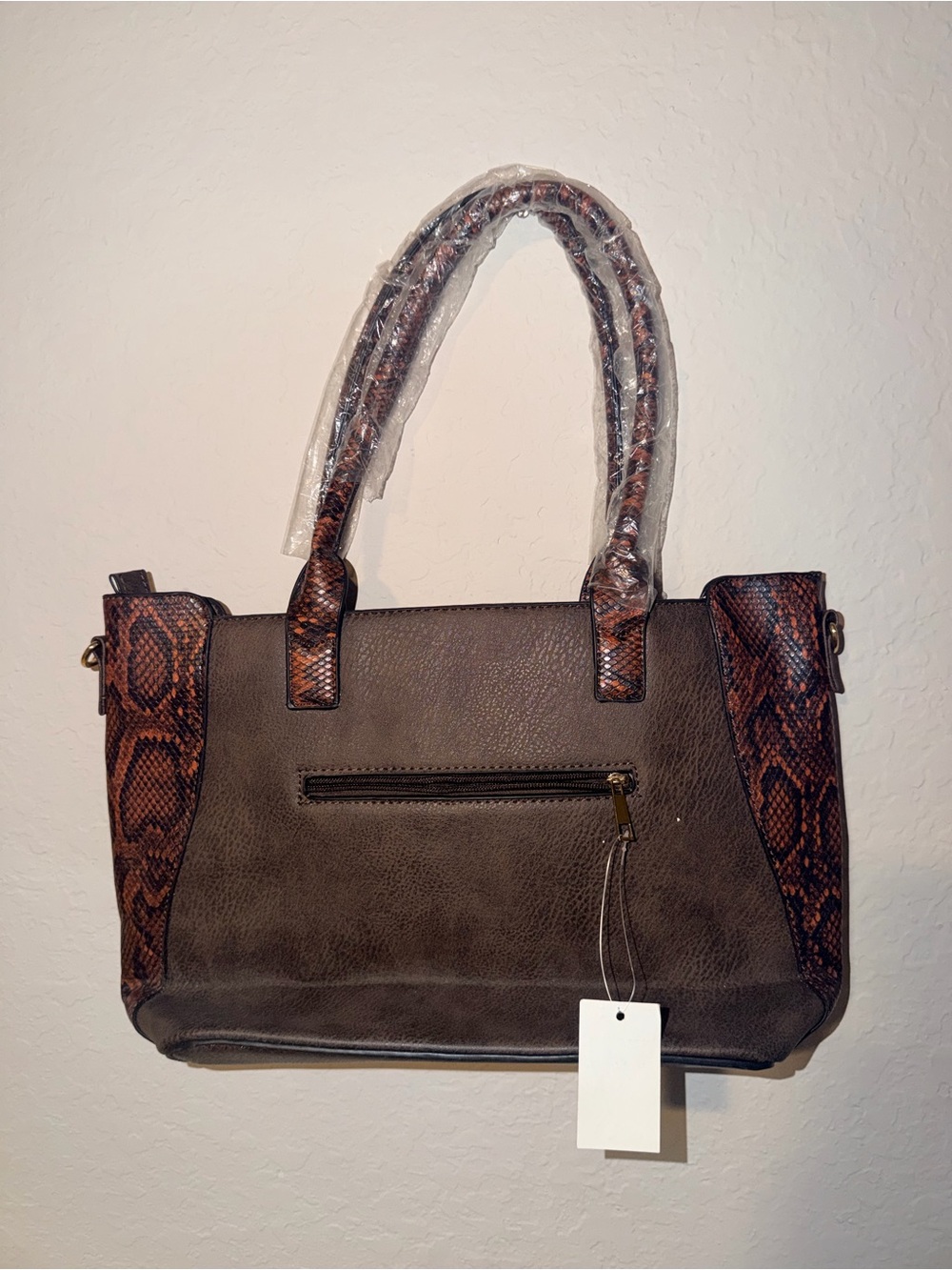 Brown Faux Leather Tote Bag with Snakeskin Print Trim Crossbody Strap purse